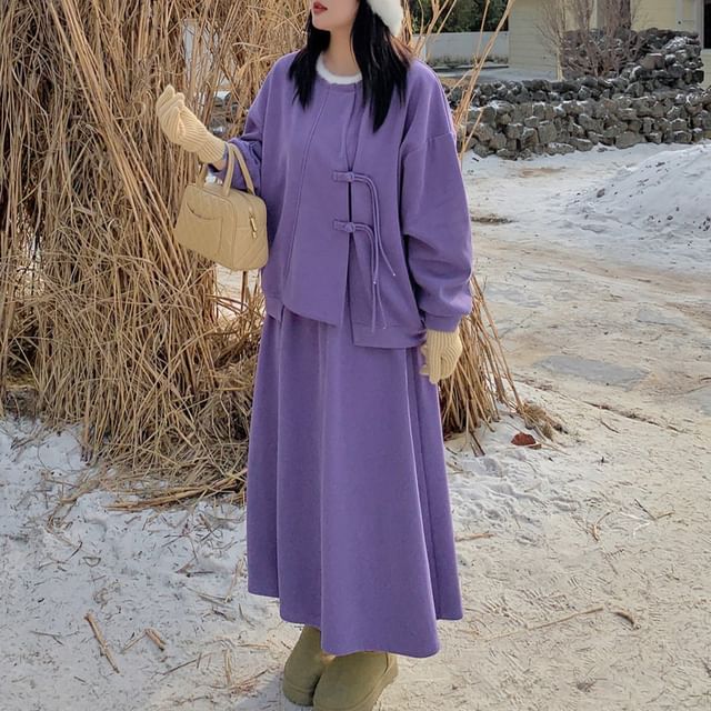 Fluffy Trim Sweatshirt and Midi Skirt Set