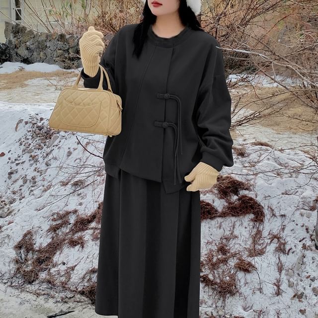 Fluffy Trim Sweatshirt and Midi Skirt Set