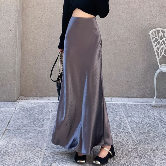 Satin Maxi Mermaid Skirt - High Waist Plain