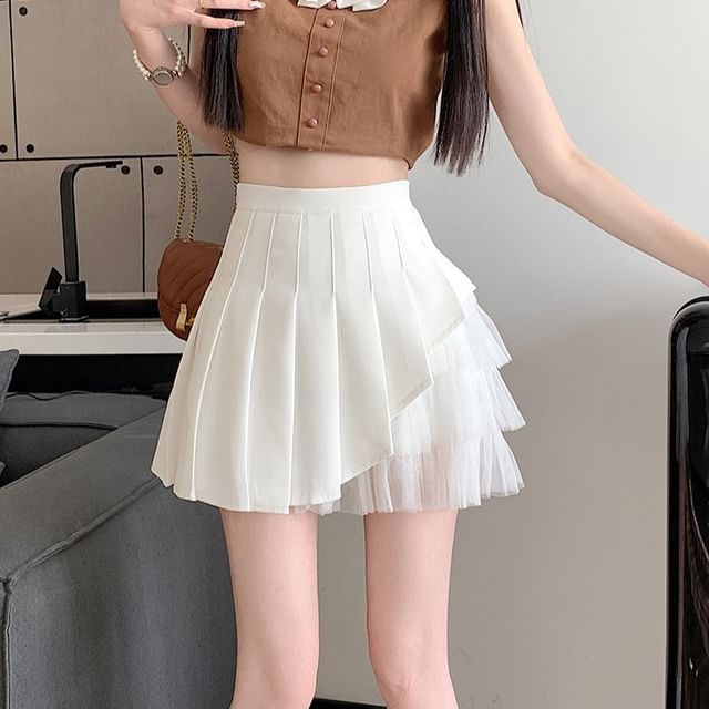 Mesh Panel Pleated Mini A-Line Skirt