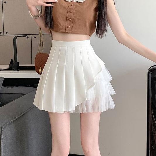 Mesh Panel Pleated Mini A-Line Skirt