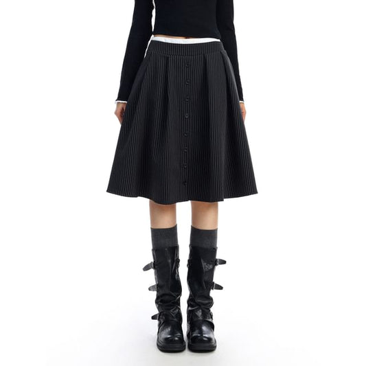 Striped Midi A-Line Skirt - Mid Waist