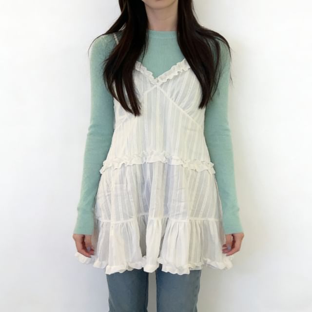 Long-Sleeve Crew Neck Plain Knit Top / Spaghetti Strap V-Neck Frill Trim Mini Overall Dress