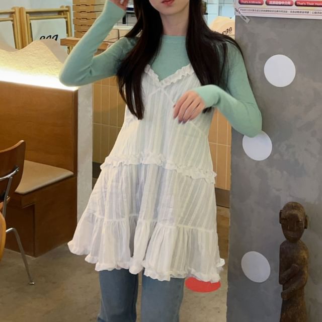 Long-Sleeve Crew Neck Plain Knit Top / Spaghetti Strap V-Neck Frill Trim Mini Overall Dress