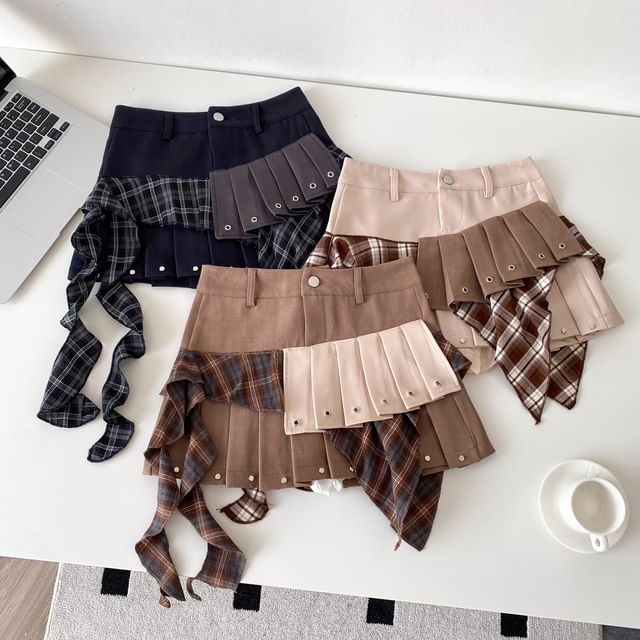 Plaid Panel Mini Pleated Skirt