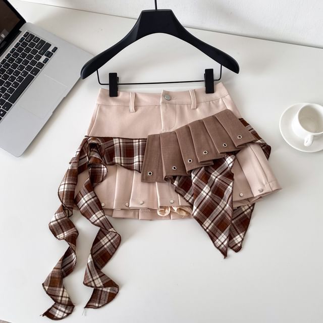 Plaid Panel Mini Pleated Skirt