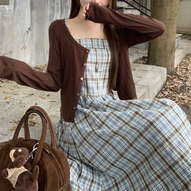 Spaghetti Strap Plaid Midi A-Line Dress / Scoop Neck Button-Up Plain Crop Cardigan