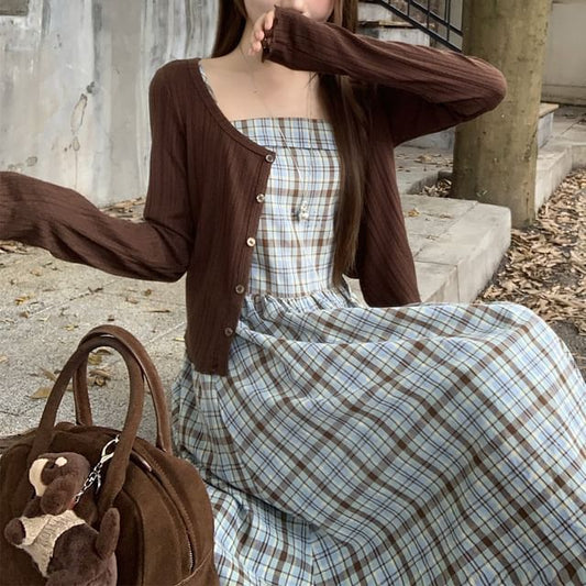 Spaghetti Strap Plaid Midi A-Line Dress / Scoop Neck Button-Up Plain Crop Cardigan