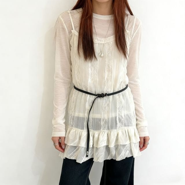 Set: Long-Sleeve Crew Neck Plain Sheer T-Shirt + Spaghetti Strap Scoop Neck Lace Panel Mini Overall Dress