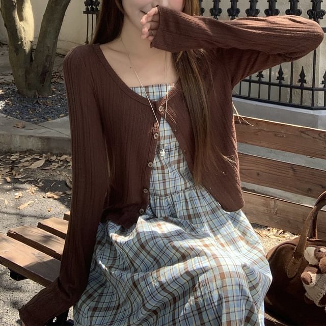 Spaghetti Strap Plaid Midi A-Line Dress / Scoop Neck Button-Up Plain Crop Cardigan