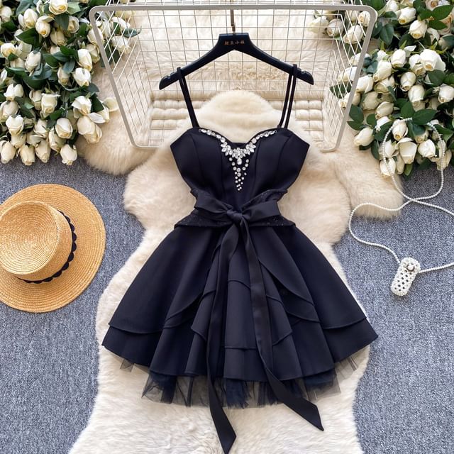 Spaghetti Strap V-Neck Rhinestone Tie Waist Mini A-Line Dress