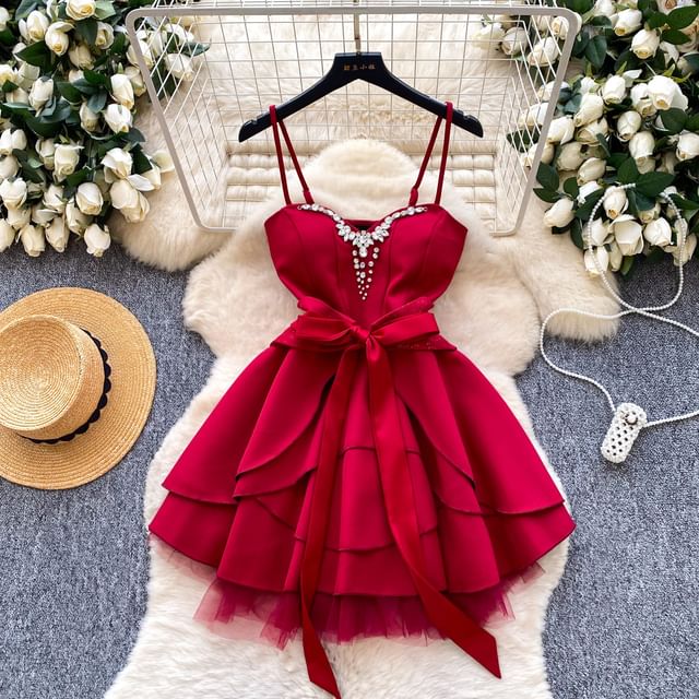 Spaghetti Strap V-Neck Rhinestone Tie Waist Mini A-Line Dress