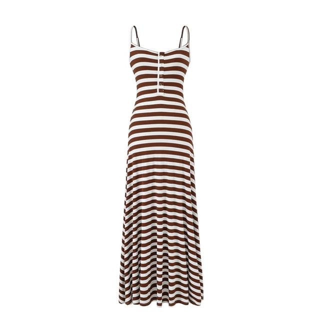 Spaghetti Strap Henley Striped Maxi A-Line Dress