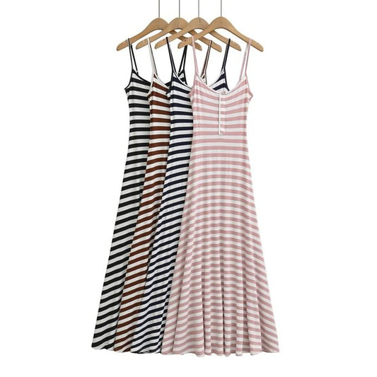 Spaghetti Strap Henley Striped Maxi A-Line Dress