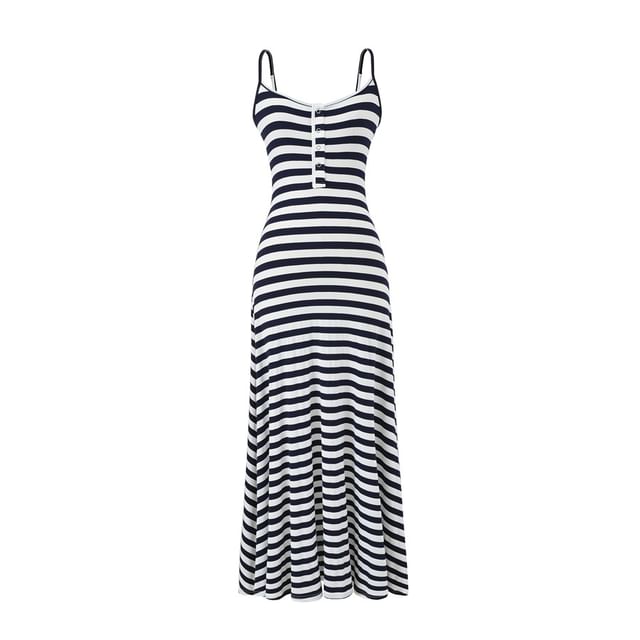 Spaghetti Strap Henley Striped Maxi A-Line Dress