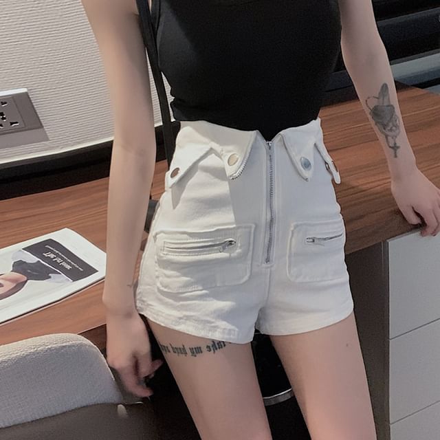 High Waist Plain Zip Denim Shorts