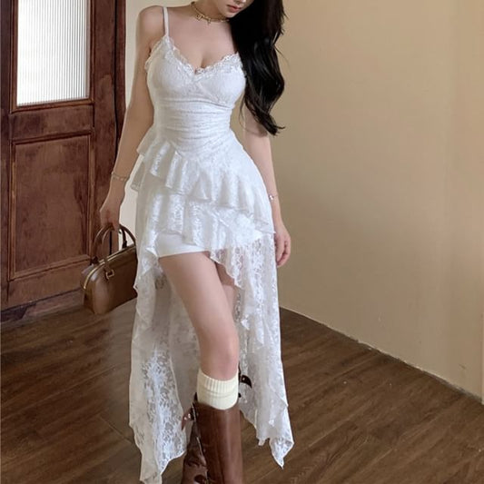 Spaghetti Strap V-Neck Plain Asymmetrical High-Low Ruffle Lace Sheath Dress