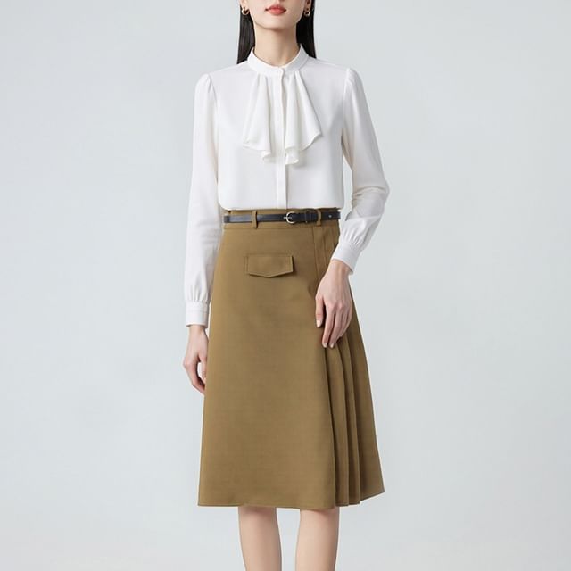 Ruffle Blouse & Midi A-Line Skirt Set