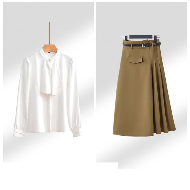 Ruffle Blouse & Midi A-Line Skirt Set