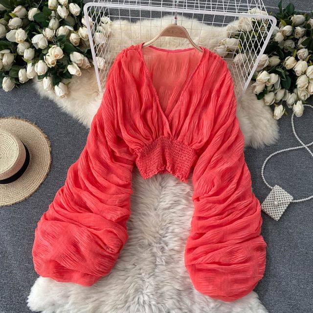 Ruch Waist V-Neck Balloon Sleeve Top