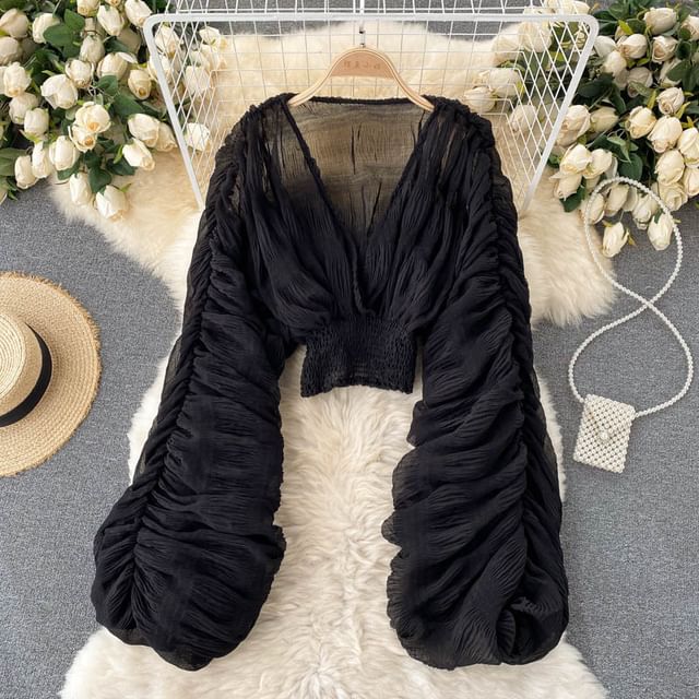 Ruch Waist V-Neck Balloon Sleeve Top
