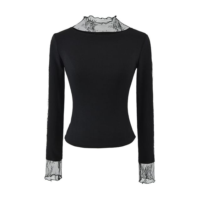 Mock Neck Lace Insert Long Sleeve Fitted Tee