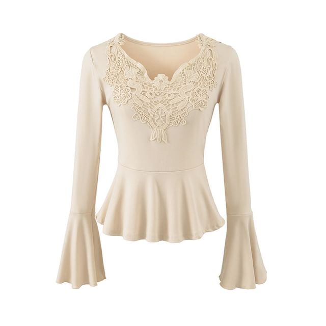 Lace Panel Peplum V-Neck Tee