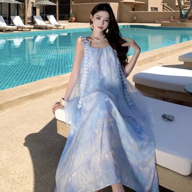 Spaghetti Strap Tie Dye Mesh Panel Open Back Midi Smock Dress