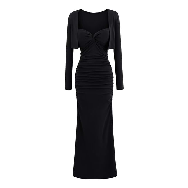 Set: Spaghetti Strap Plain Ruched Padded Maxi Sheath Dress + Open Front Bolero Cardigan