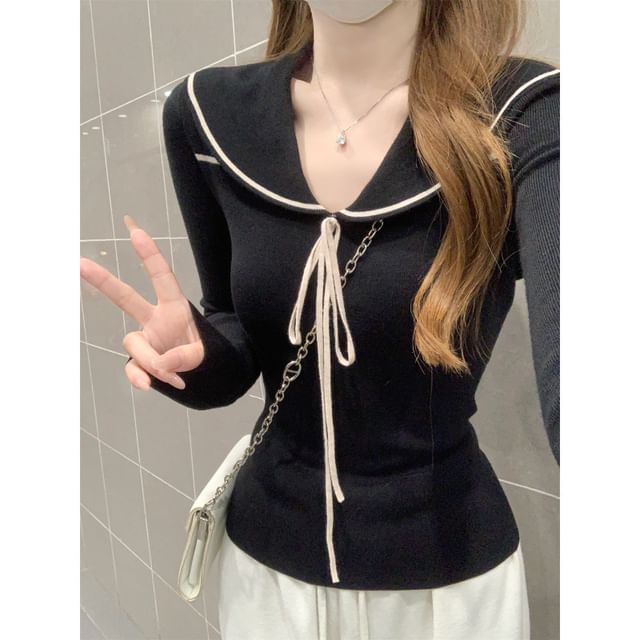 Sailor Collar Knit Top with Tie Front and Long Sleeves