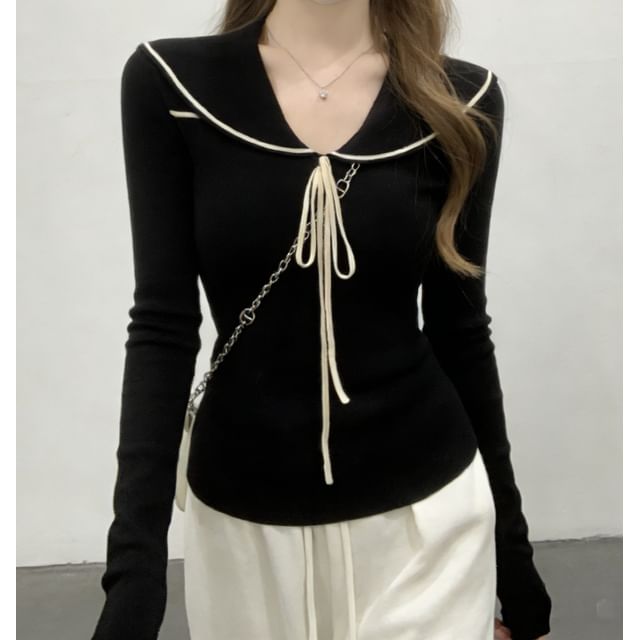 Sailor Collar Knit Top with Tie Front and Long Sleeves