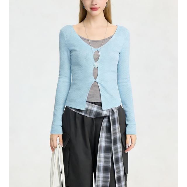 Color-Block Faux Layered Long Sleeve Slim Top