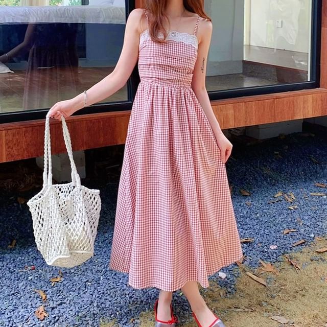 Spaghetti Strap Plaid Lace Trim Midi A-Line Dress