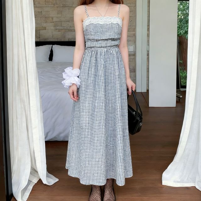 Spaghetti Strap Plaid Lace Trim Midi A-Line Dress