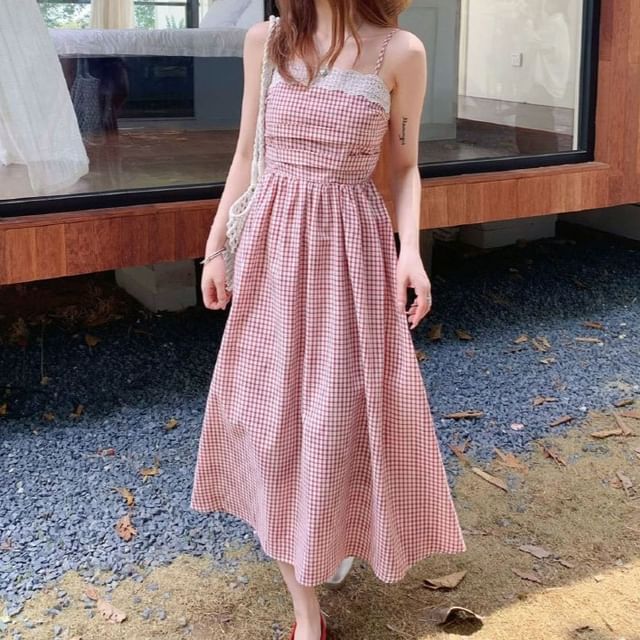 Spaghetti Strap Plaid Lace Trim Midi A-Line Dress