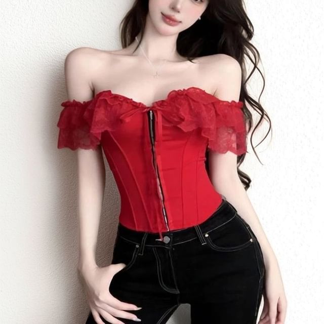 Lace Insert Off-Shoulder Hook and Eye Corset Crop Top