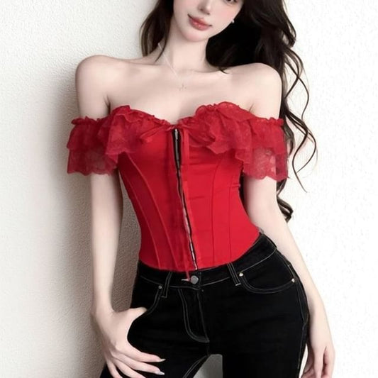Lace Insert Off-Shoulder Hook and Eye Corset Crop Top