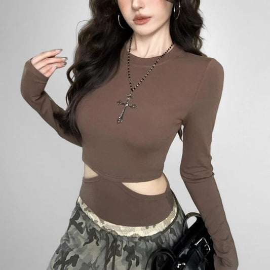 Slim Fit Cutout Crew Tee with Long Sleeves