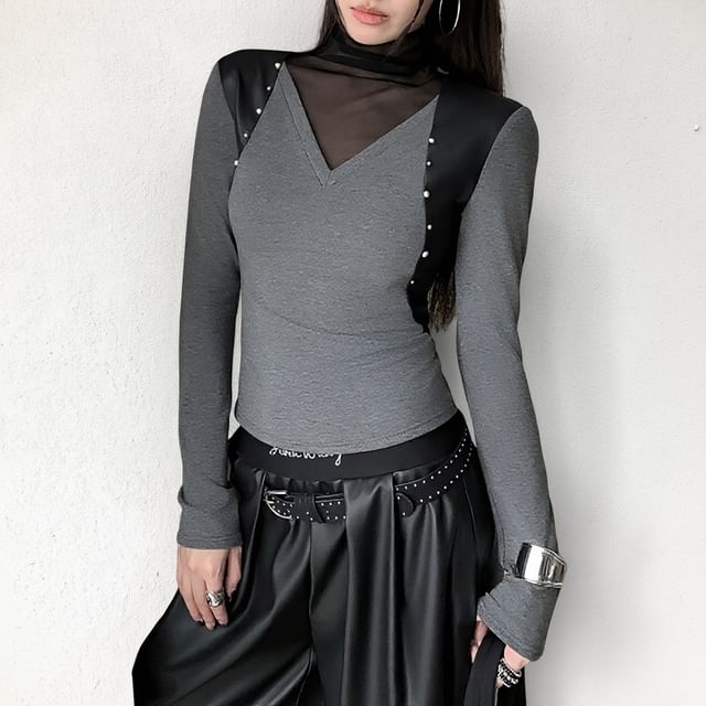 Mock Neck Mesh Panel Studded Slim Tee