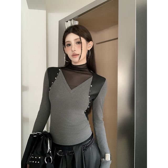 Mock Neck Mesh Panel Studded Slim Tee