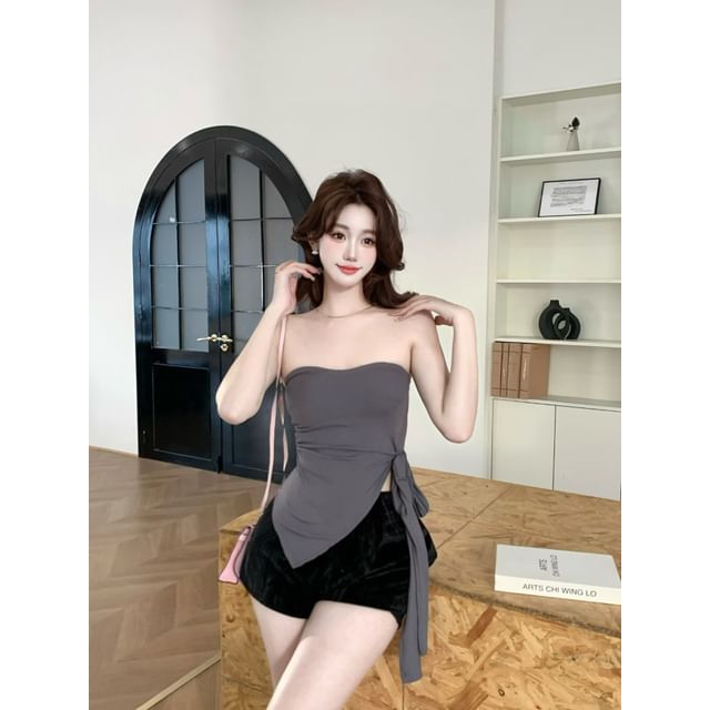 Padded Asymmetric Tie Side Crop Tube Top
