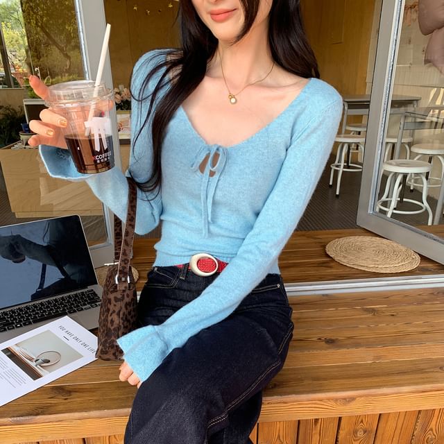 V-Neck Knit Crop Top with Tie Front and Long Sleeves