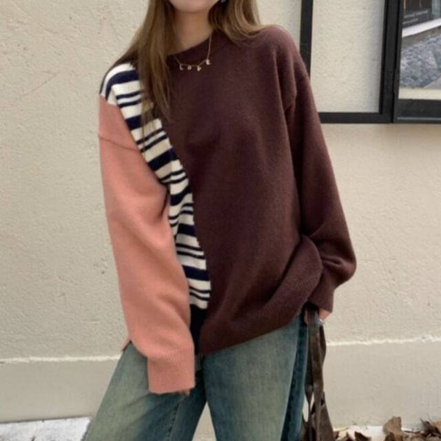 Crew Neck Sweater with Striped Accent Panels