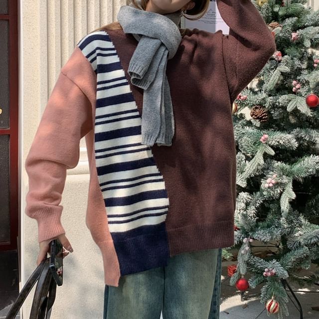 Crew Neck Sweater with Striped Accent Panels