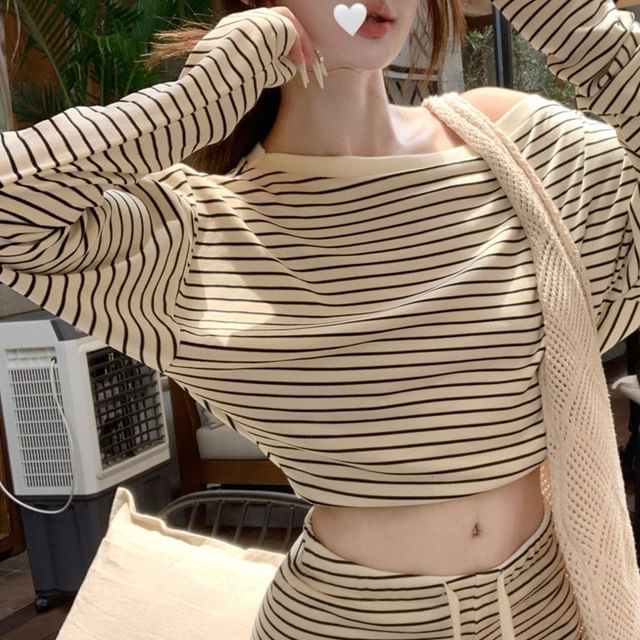 Off-Shoulder Striped Crop Tee with Drawstring Waist Shorts