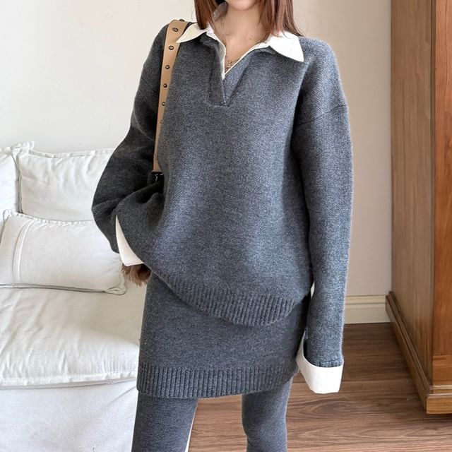 Two-Piece Collared Two-Tone Sweater with High Waist Pencil Skirt