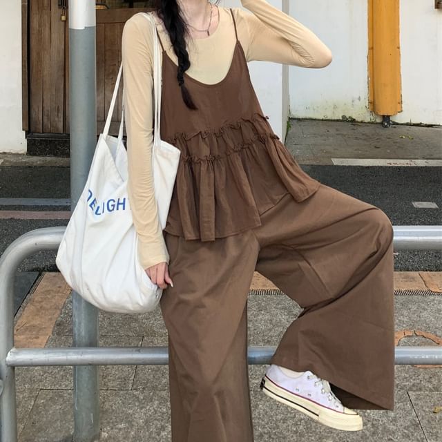 Crew Neck Tee and Frill Trim Camisole Set