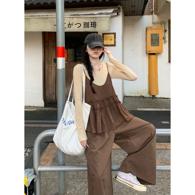Crew Neck Tee and Frill Trim Camisole Set
