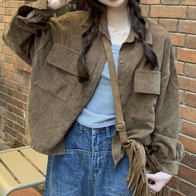 Button-Up Corduroy Crop Shirt Jacket