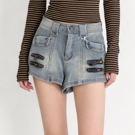 High Waist Zipped Denim Wide Leg Shorts